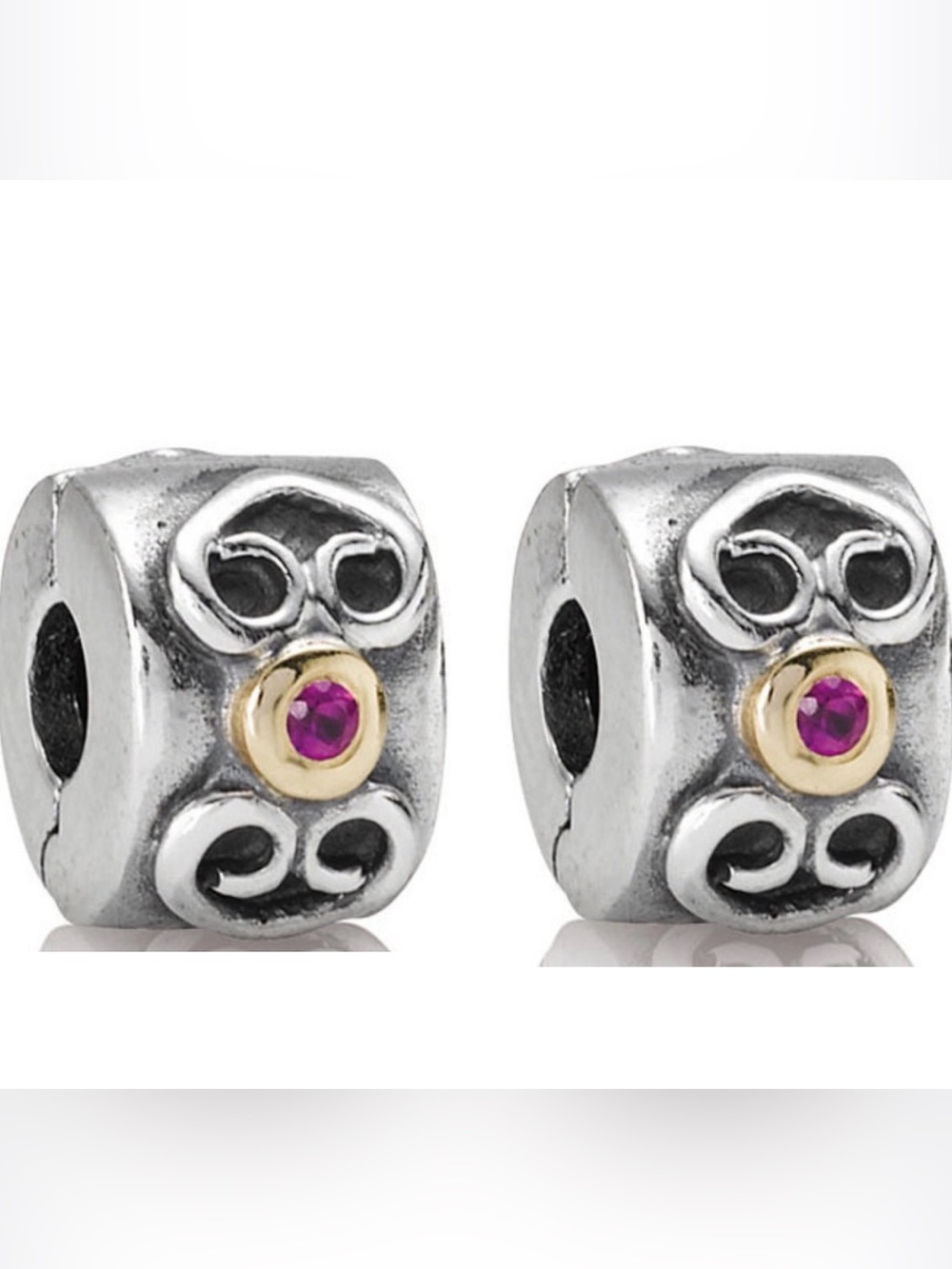 Pandora Silver clip set with Pink sapphire and Gold Accent